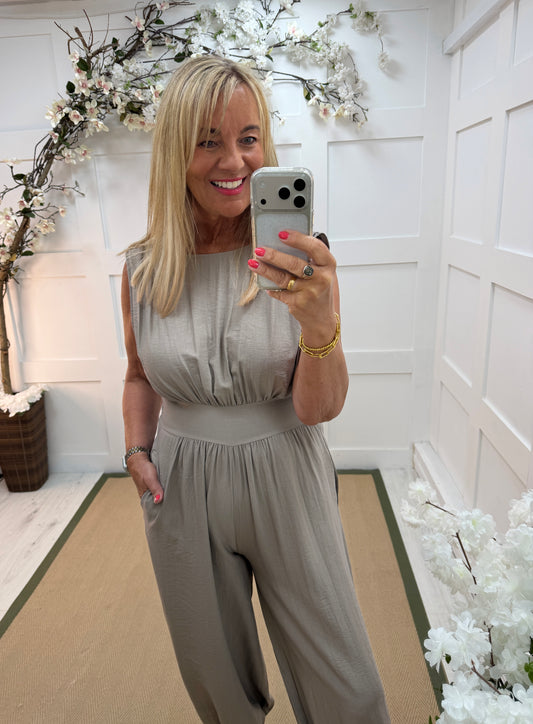 Jaydn: Sleeveless cuff leg jumpsuit with pockets. One size: 12-16. 3 colours
