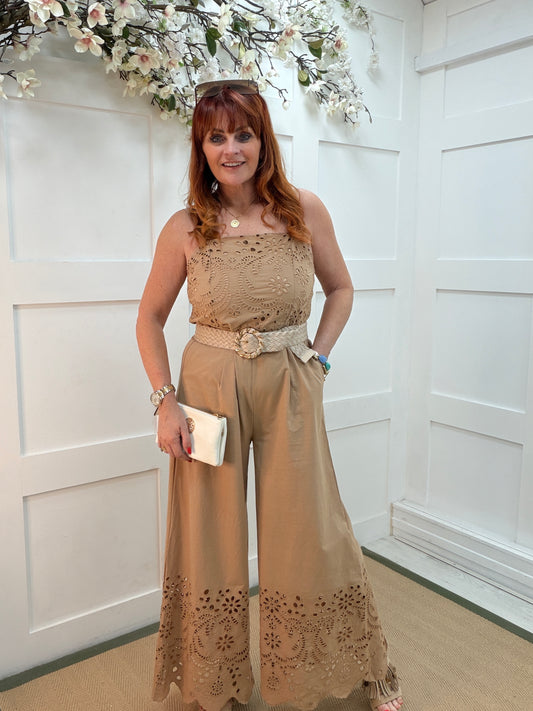 Allegra: Camel Broderie Anglaise wide leg jumpsuit. 2 sizes