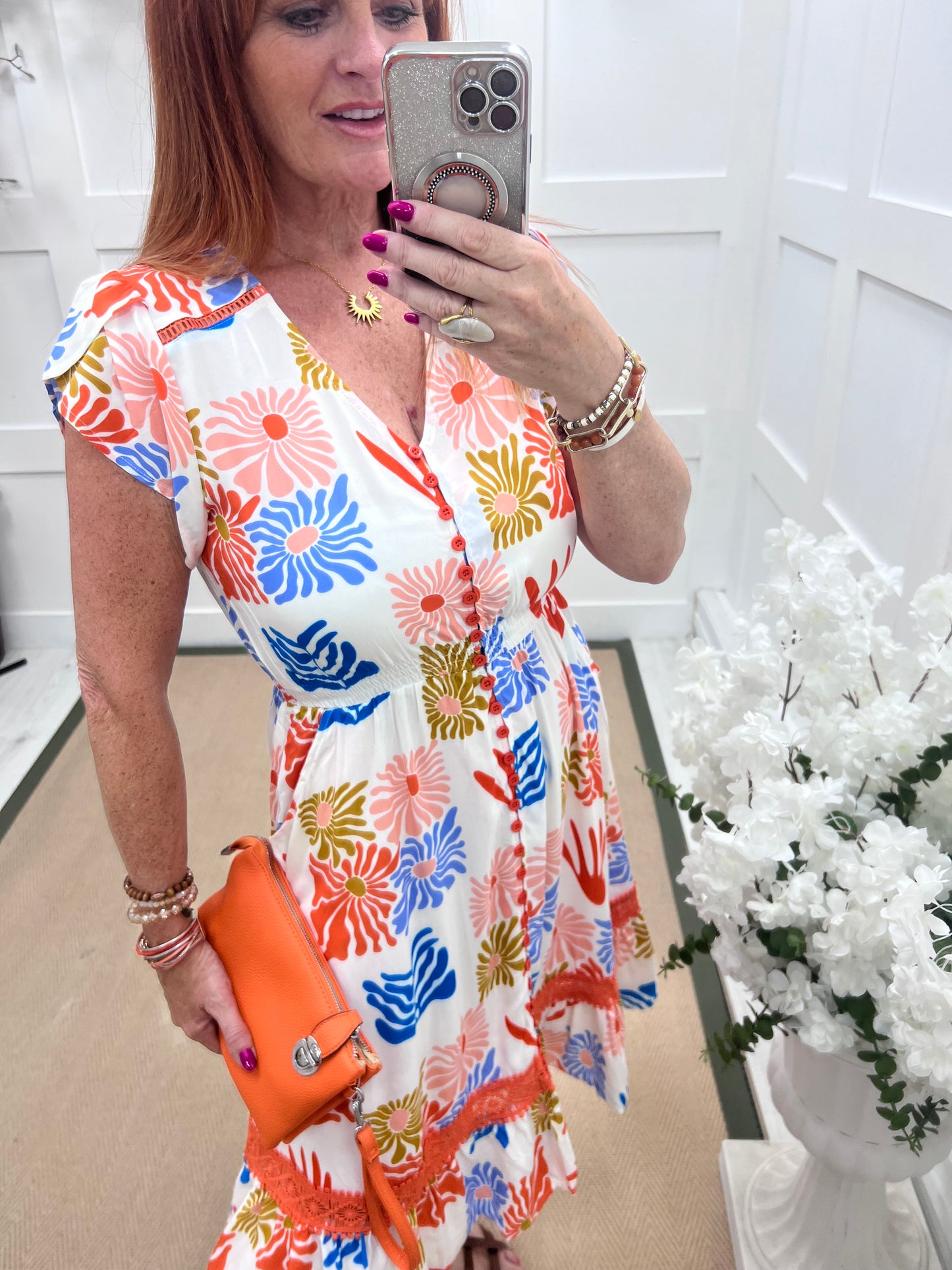 Orla: Orange floral button front midi dress. 5 sizes. 8-16