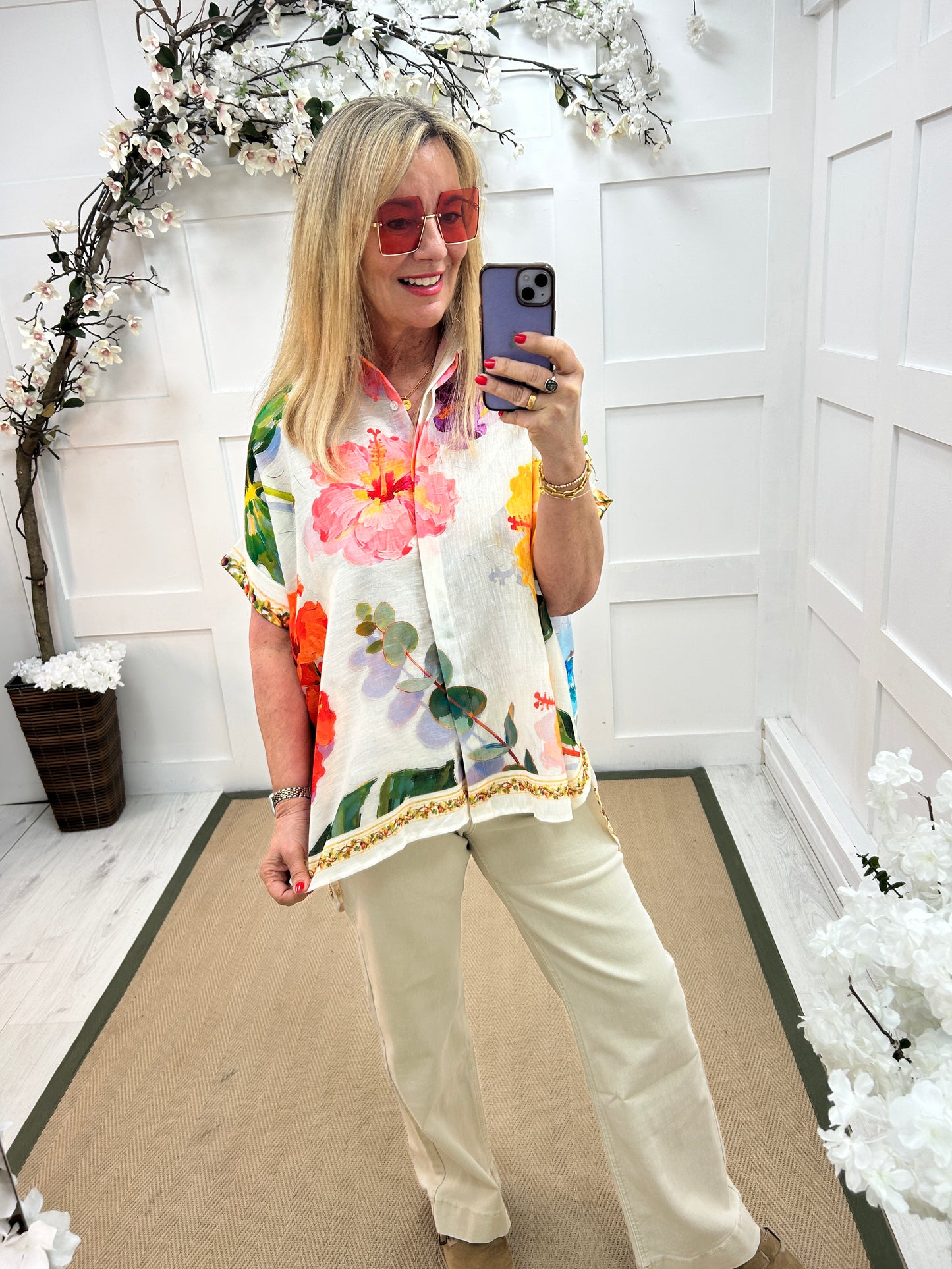 Olivia: Multicoloured floral print oversized shirt. One size: 14-22