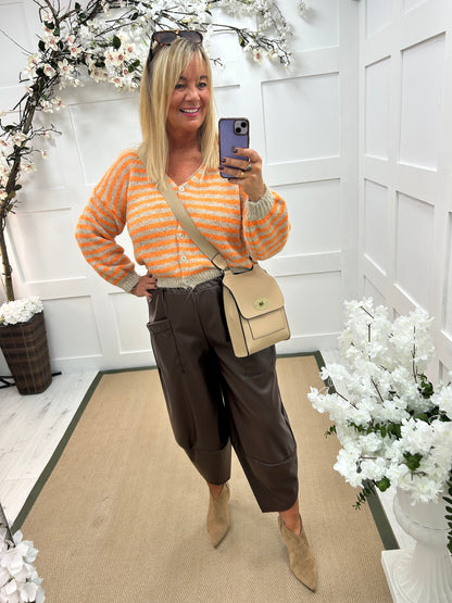 Drew: Brown faux leather cocoon trousers. One size: 12-18