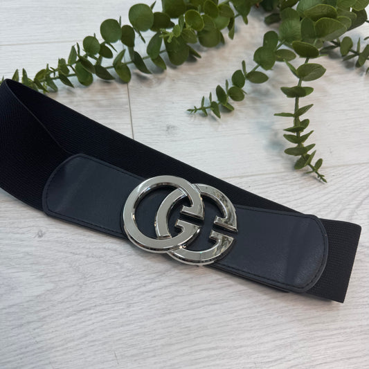 Calla: Black silver GG buckle wide belt. One size: 8-16