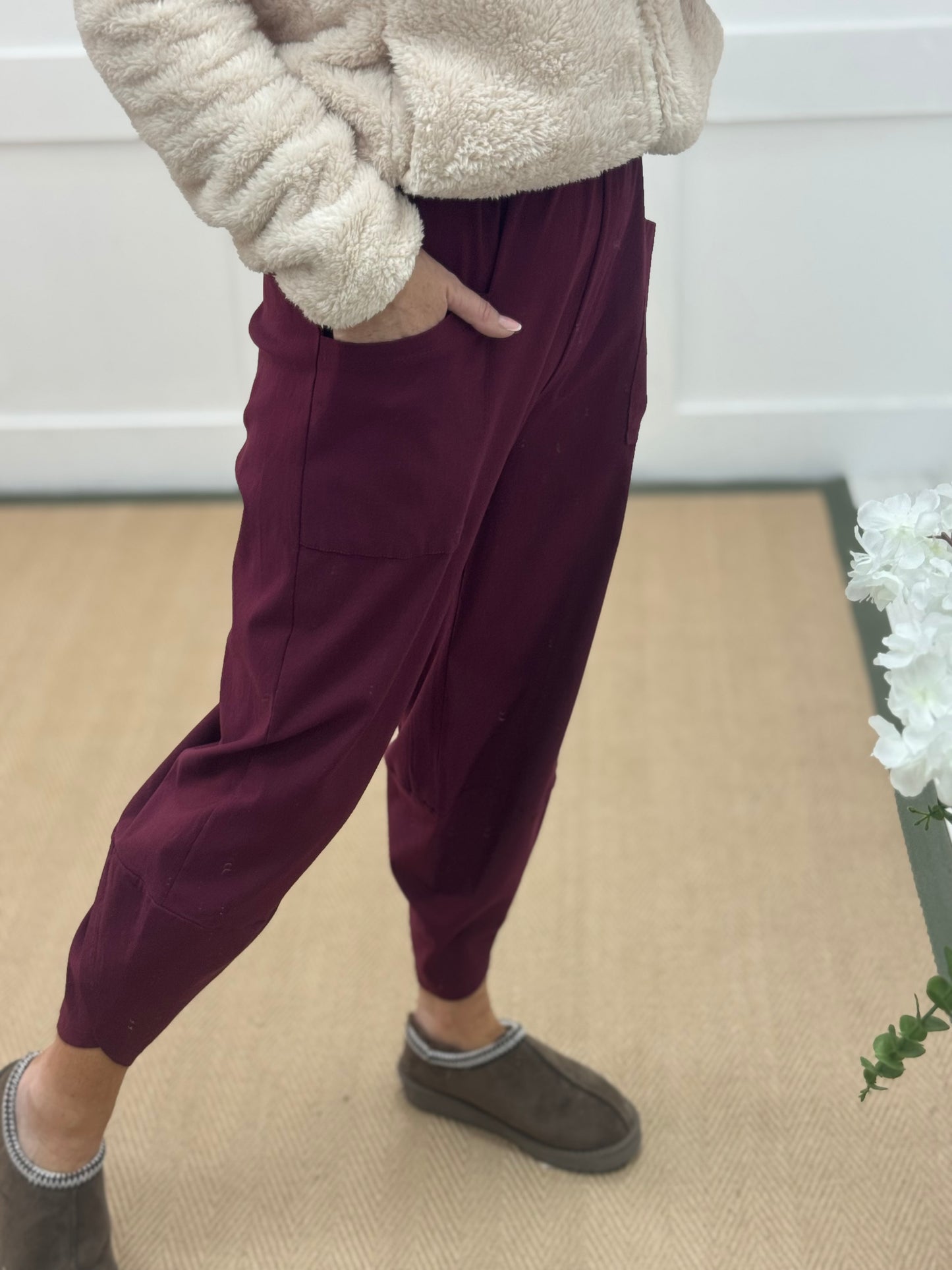 Taylor: Burgundy cocoon harem trousers. One Sz: 10-16