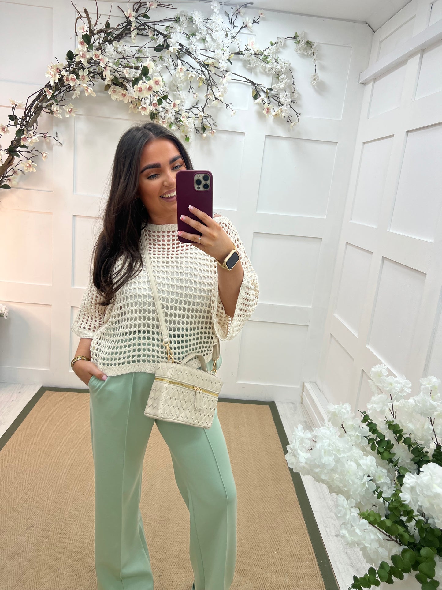 Holly: Stone 3/4 sleeve holey open knit top. One Sz: 14-18