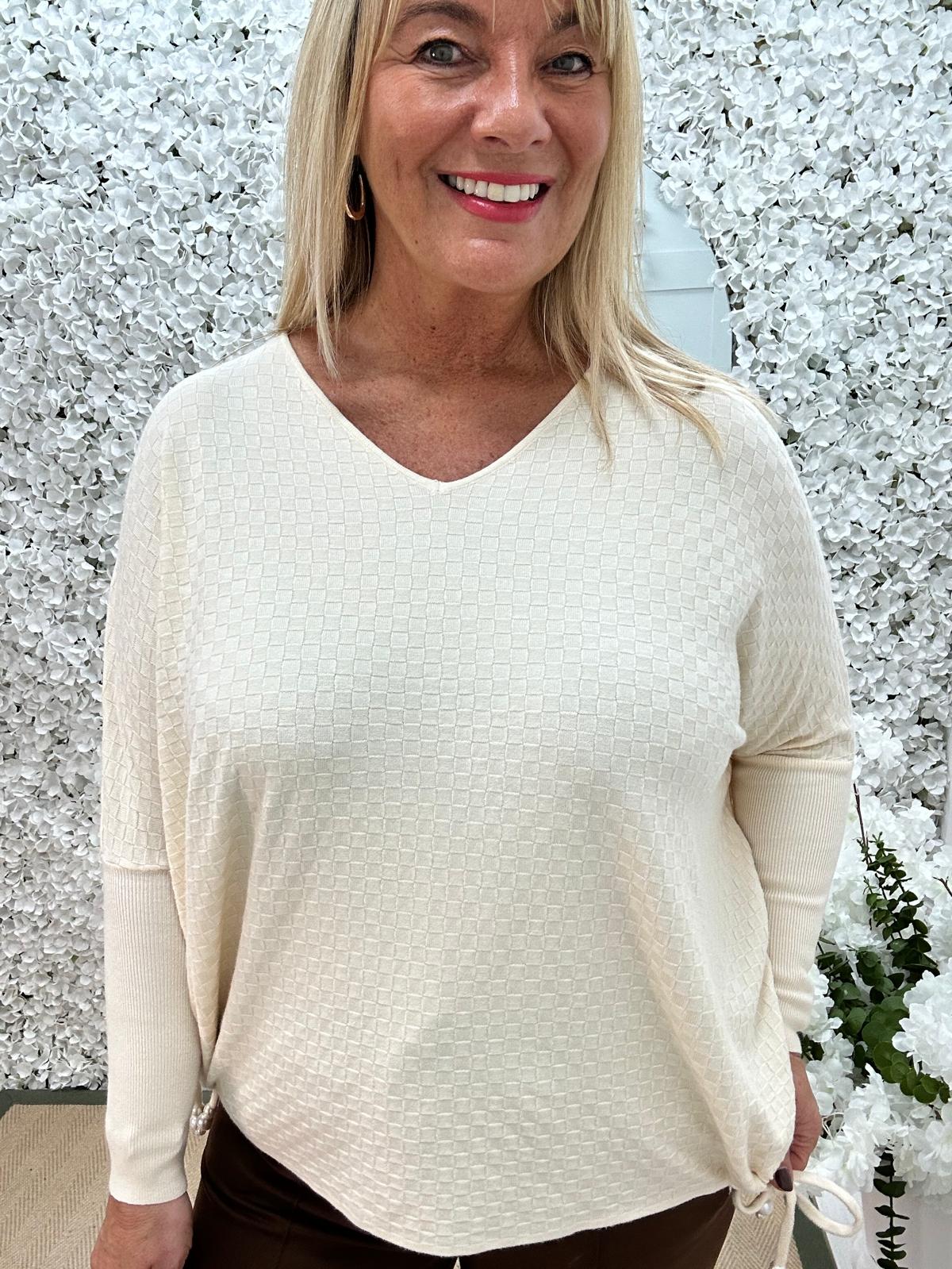 Aria: Cream waffle tie top. One size 16-22