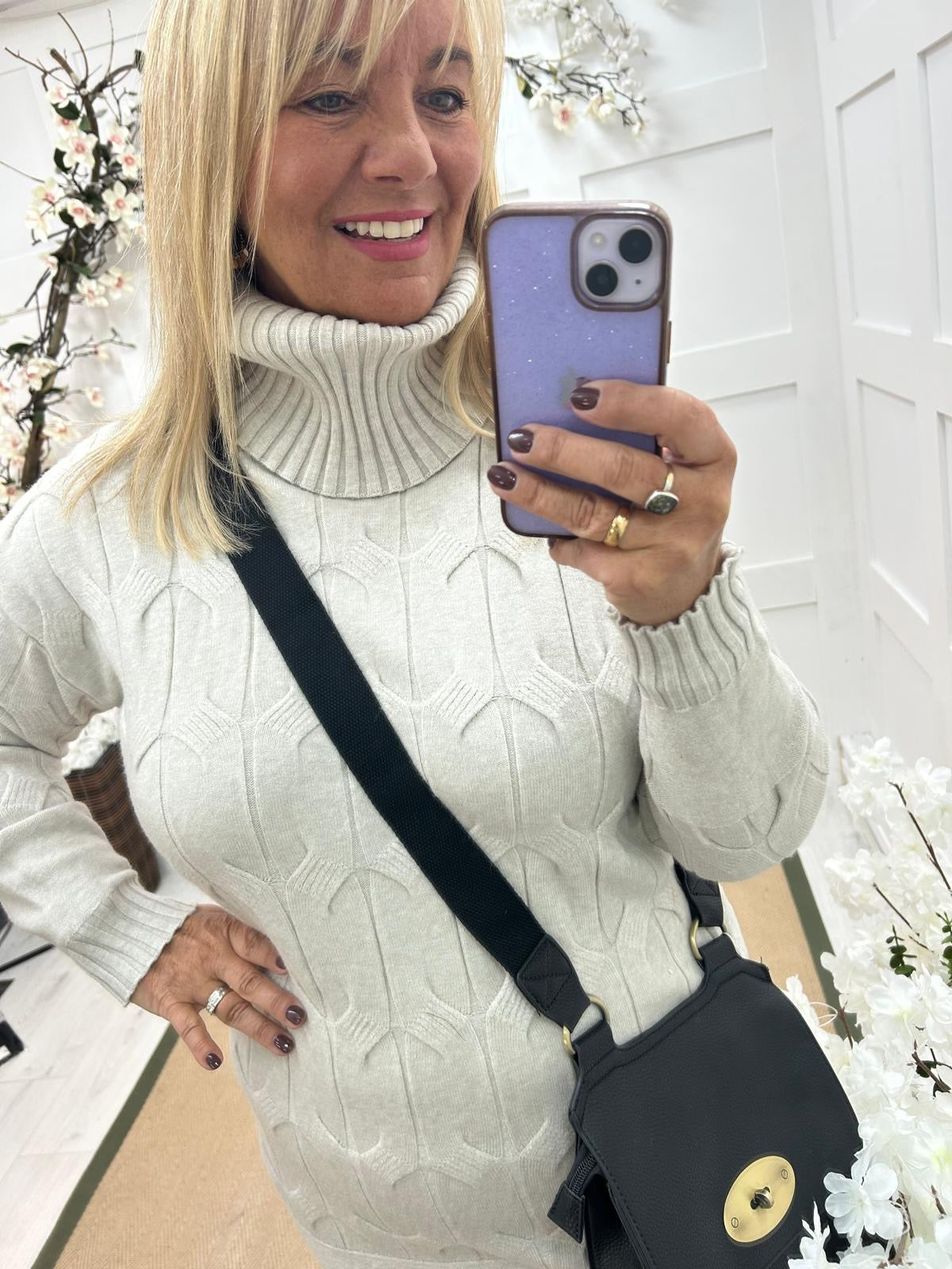 Destiny: Cream high neck knitted jumper dress. One Sz: 12-18