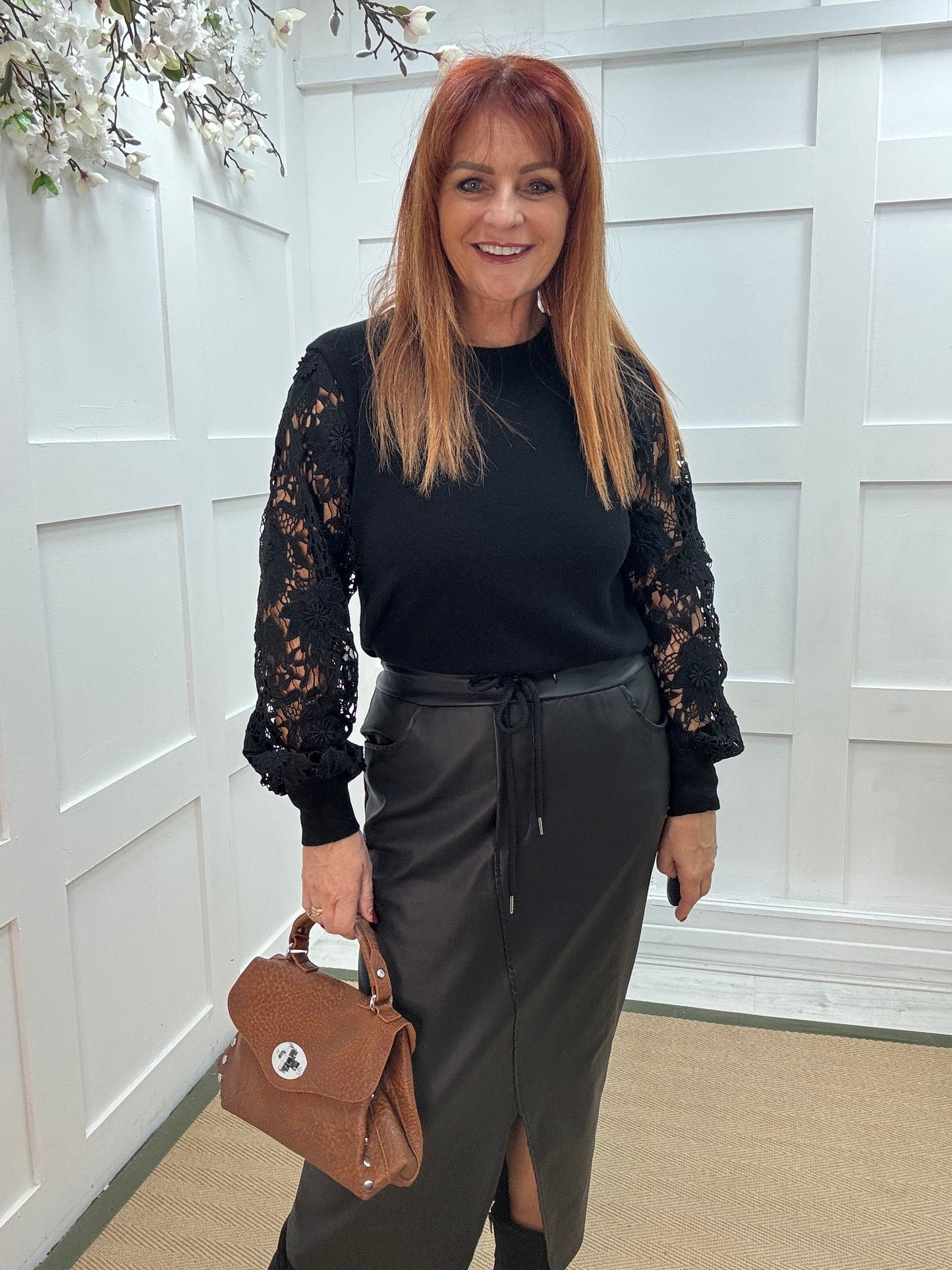 Gemma: Black crochet balloon sleeve top. One size 12-16