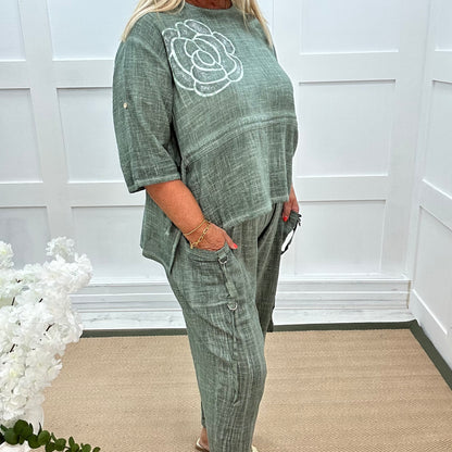 Marisol: Khaki Made in Italy cotton flower top. Sizes: 16-20