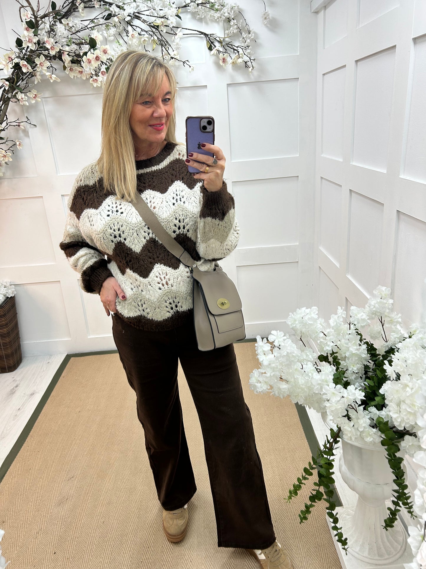 Zandra: Brown zigzag knit jumper. One size 12-20