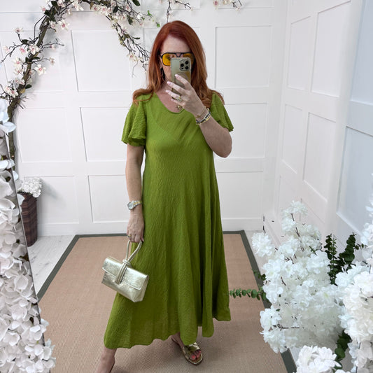 Megan: Olive green swing cotton maxi dress. One size: 10-18