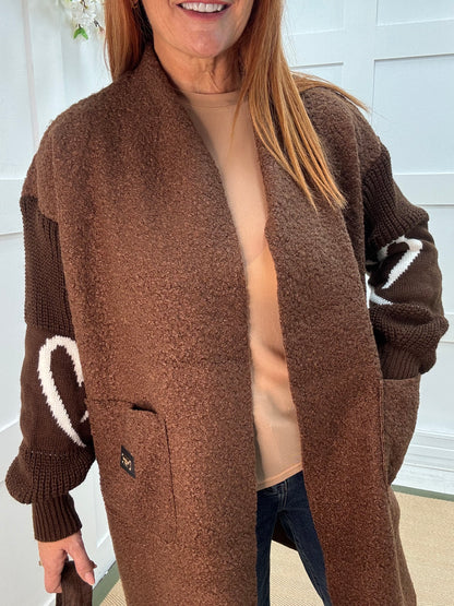 Kara: Brown boucle long edge to edge coat. One size 10 - 18