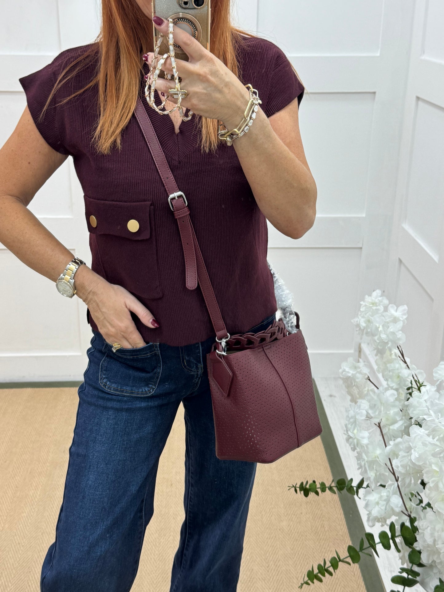Mae: Small burgundy cross body grab bag