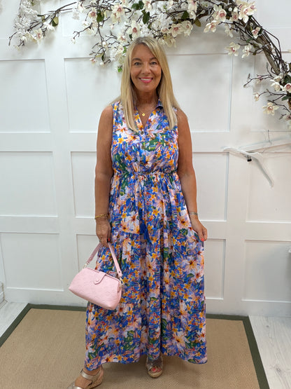 Mia: Sleeveless floral print tie waist maxi dress. One size: 12-16. 2 colours