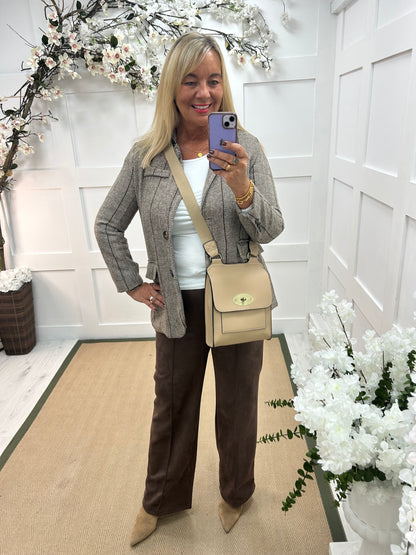 Bernie: Brown herringbone tweed blazer. One size: 12-16