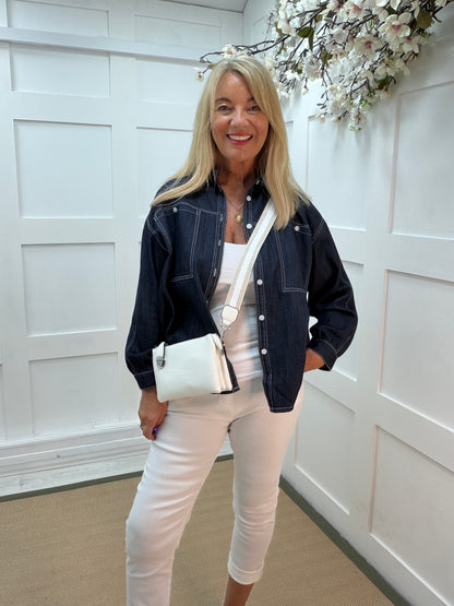 Daphne: Oversized dark denim blue shacket with white contrast stitching. 2 sizes