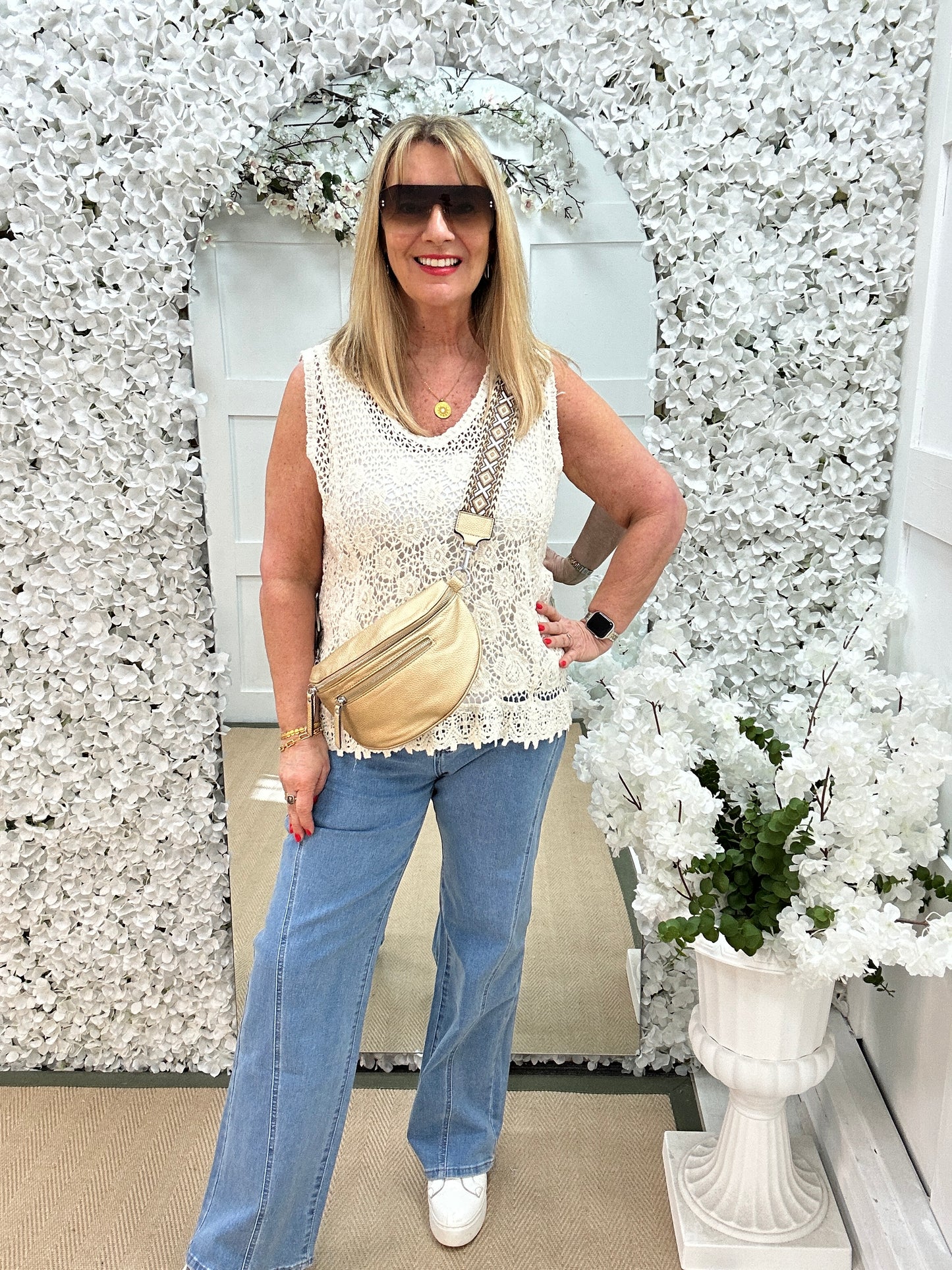 Morgan: Cream floral crochet lace sleeveless top. One size: 12-16