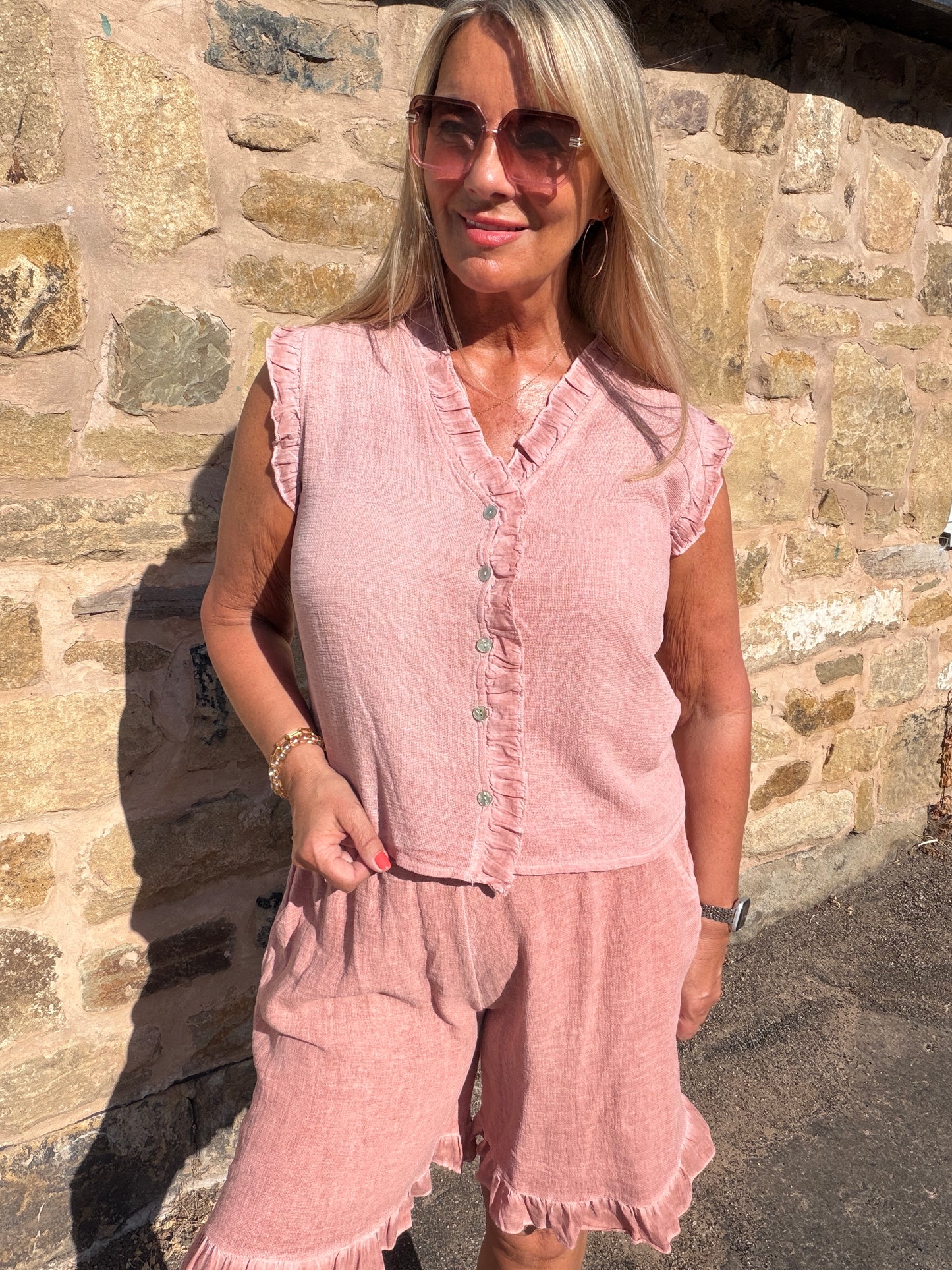 Faith: Hopsack frill button top & shorts set. One Sz: 10-16. 3 colours
