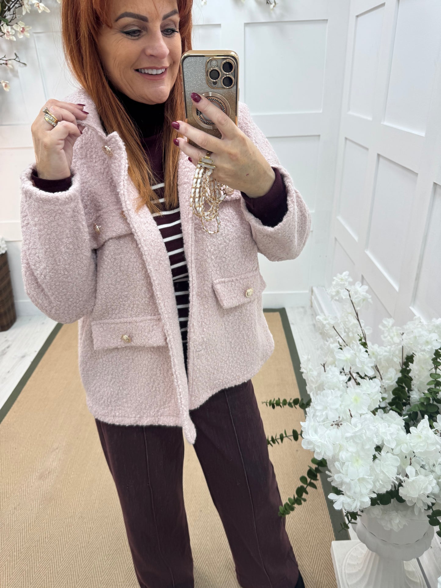 Bridget: Baby pink short boucle button jacket. One: 12-20
