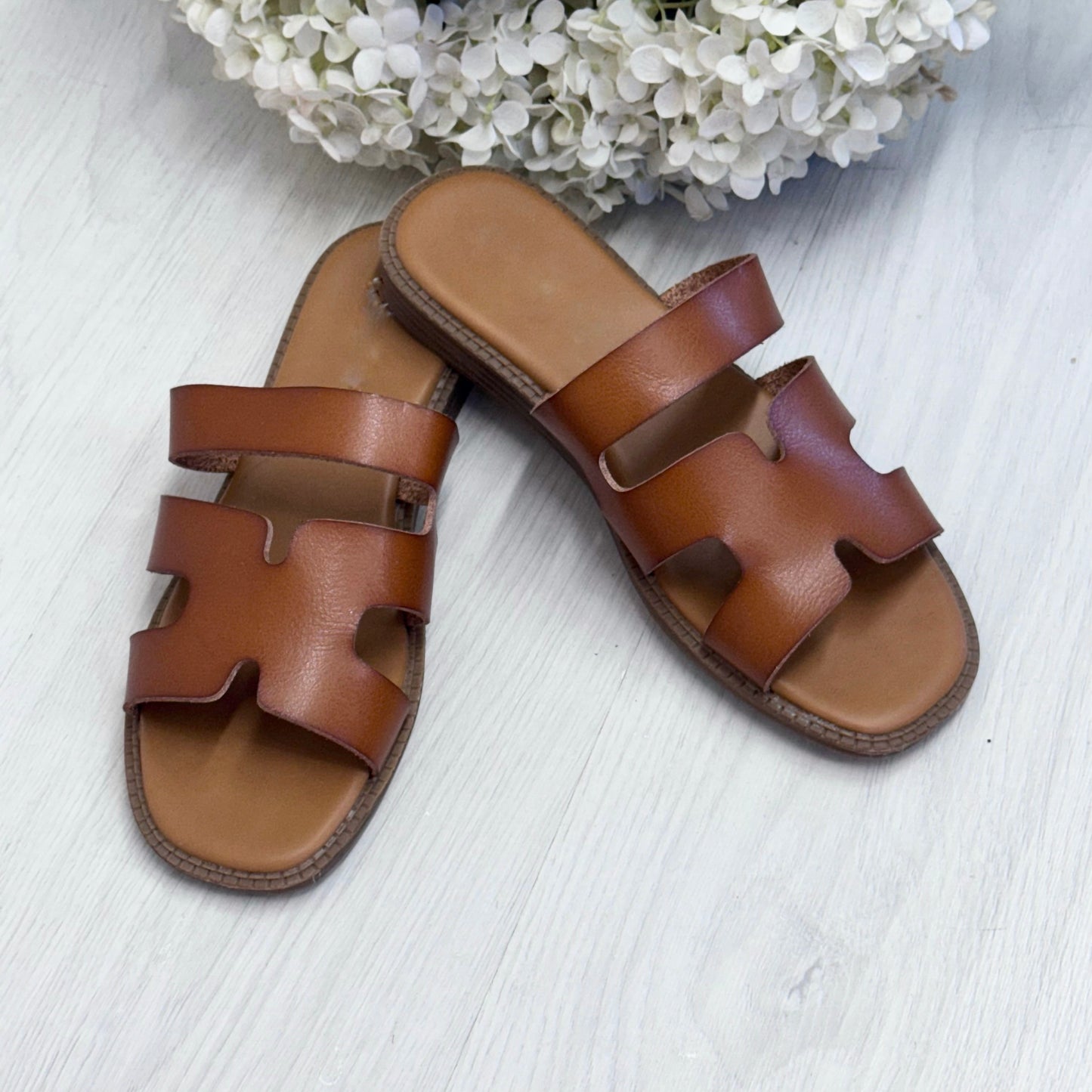 Thembi: Tan H style sliders. Sizes: 3-8