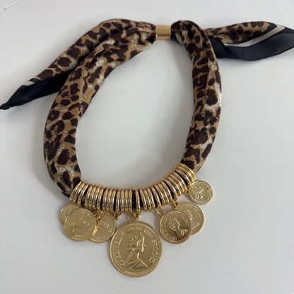 Petra: Leopard print & gold coin scarf statement necklace