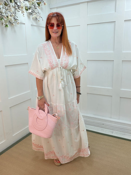 Carly: Embroidered white bohemian maxi dress. One size: 10-16. 2 colours