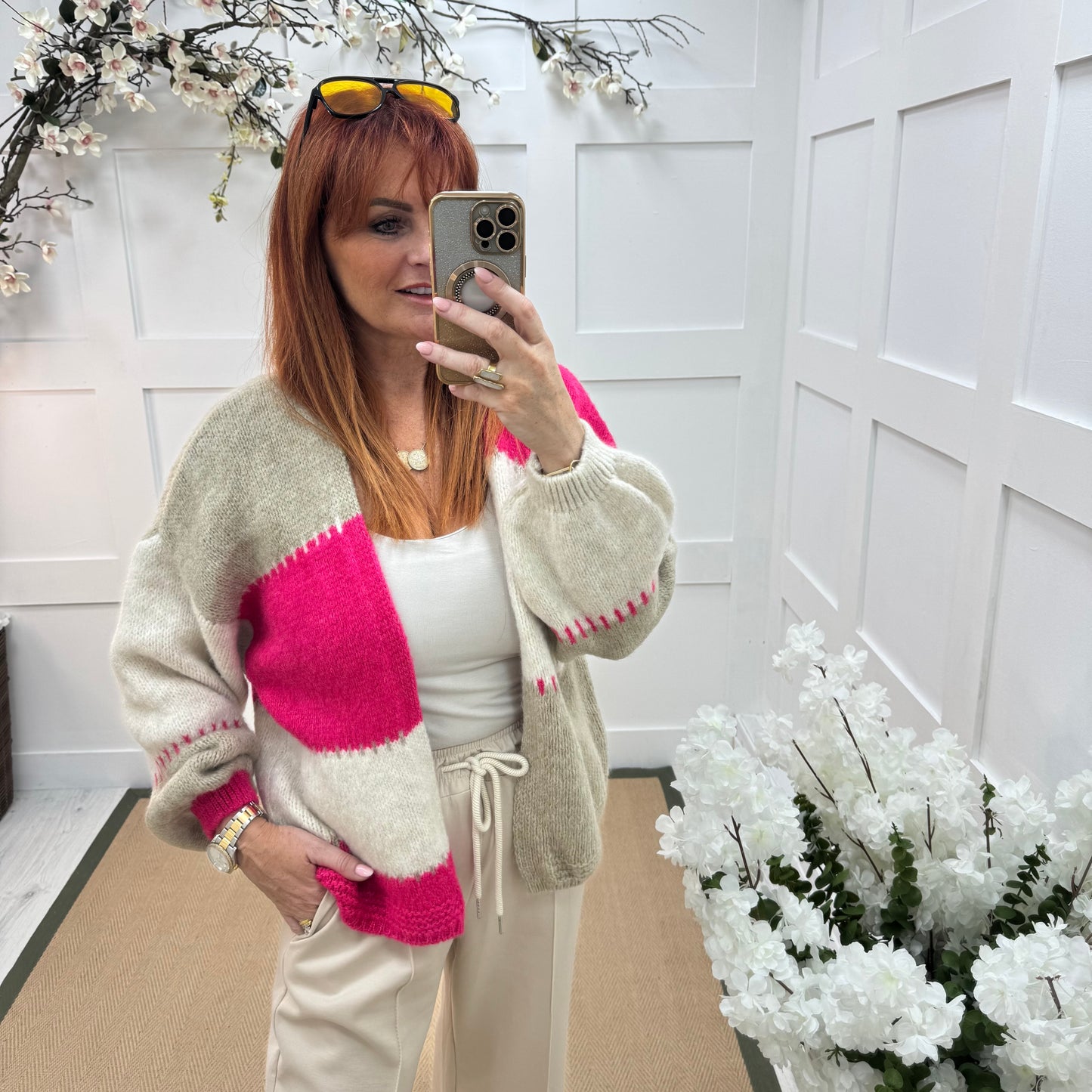 Honey: Pink stripe slouch soft knit cardigan. One size 10-18