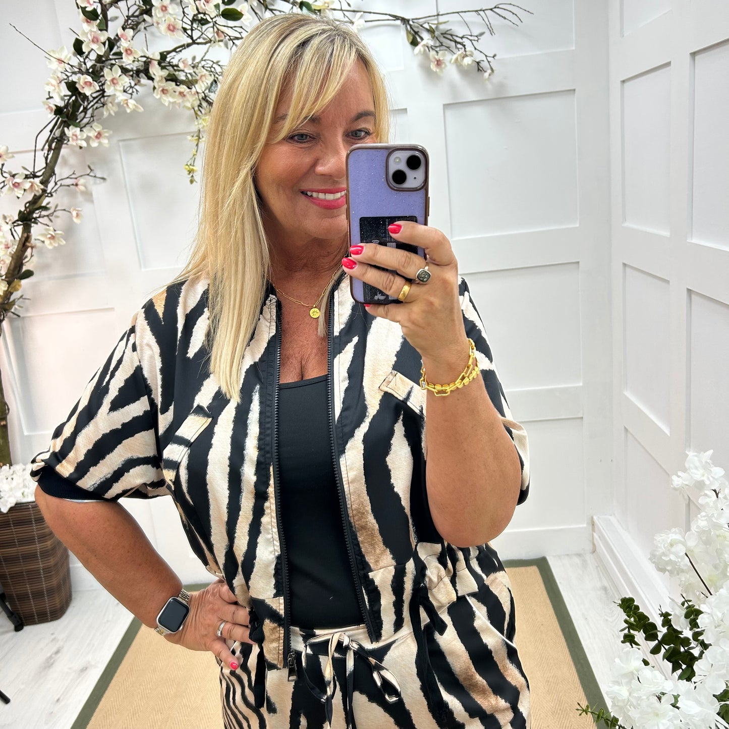 Julie: Silky black zebra printed bomber jacket. One size: 10-16