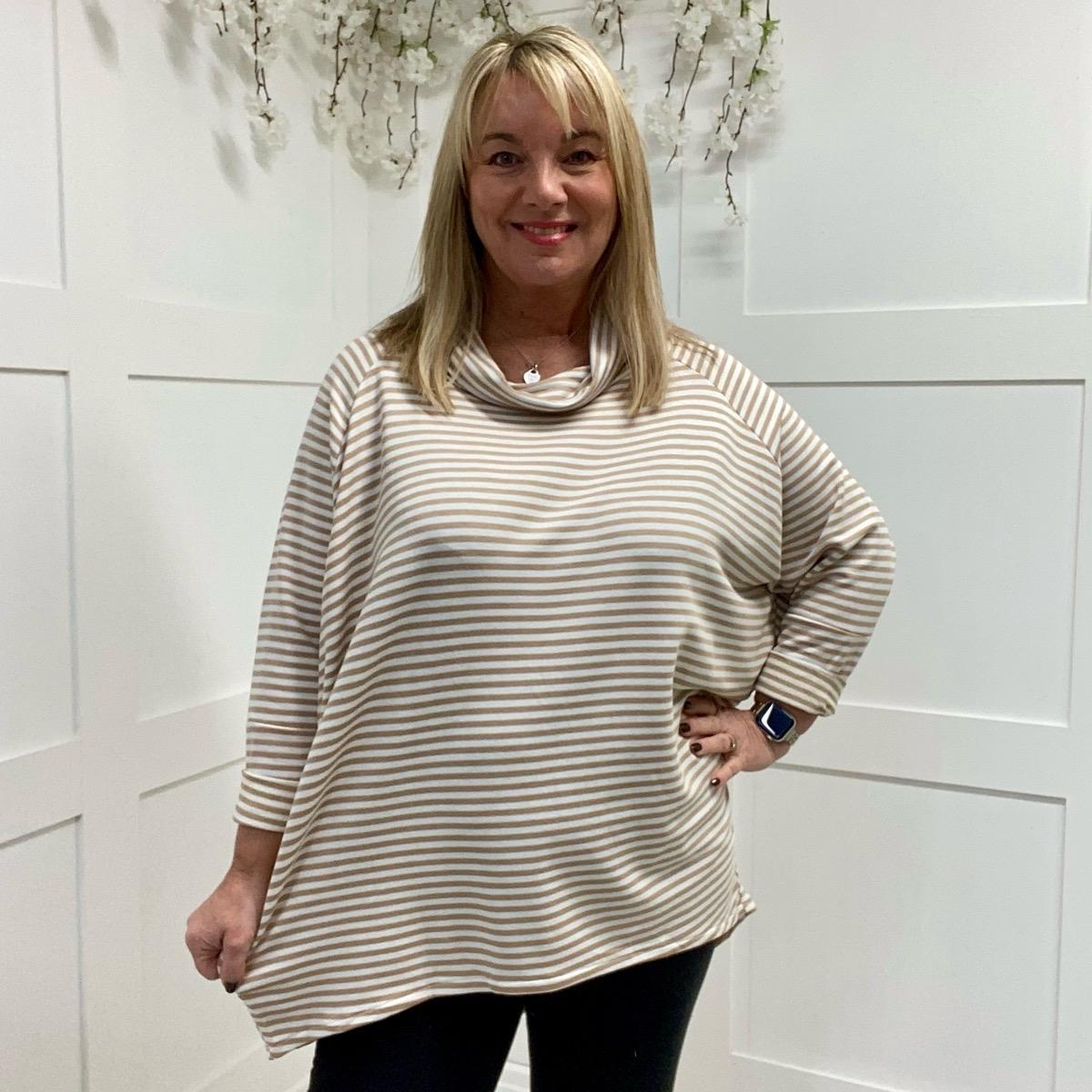Orla: Striped longline cowl neck top. One size 14-20.