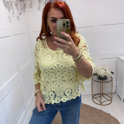 Ellie: Lemon fluted arm crochet top & vest. One size: 10-16