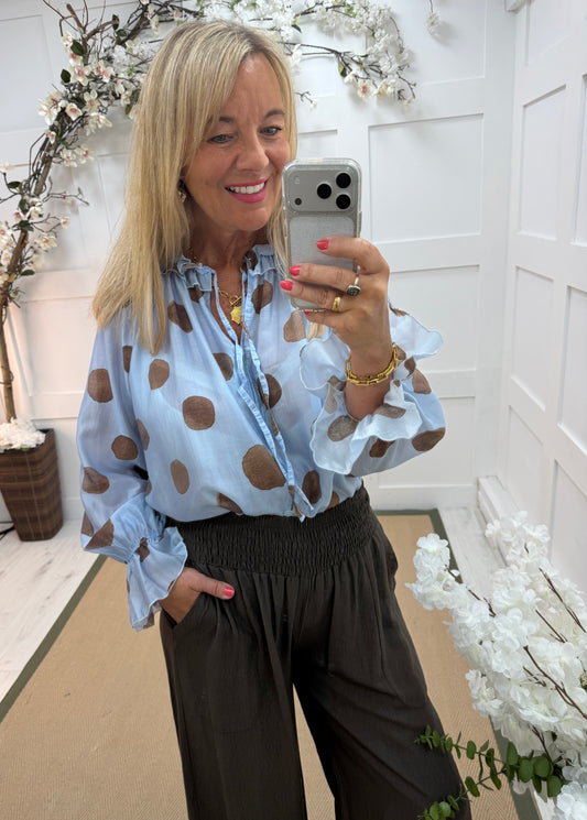 Deena: Blue & brown spotty oversized blouse. One size: 12-18