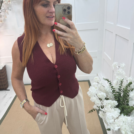 Saffron: Burgundy fine knit button waistcoat. One size: 10-16