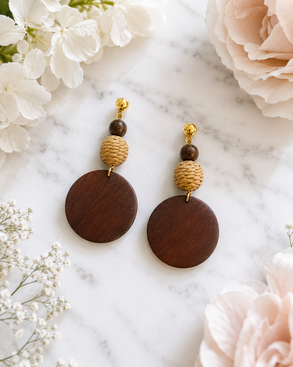 Amara: Large wood & rope ball earrings