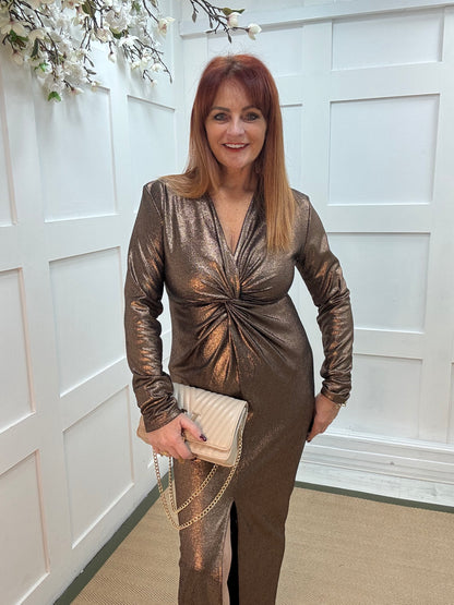 Maya: Bronze metallic twist front bodycon dress. Sizes: 8-14