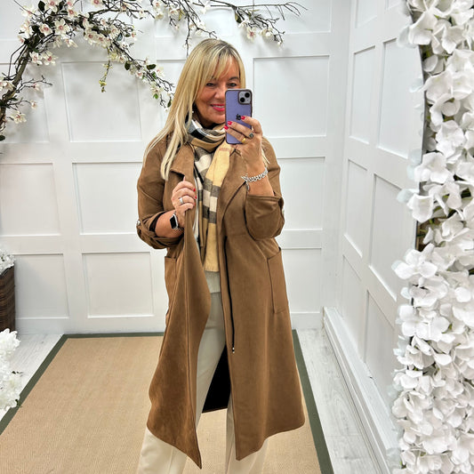 Marina: Coffee long suedette trench coat. One size 12-18
