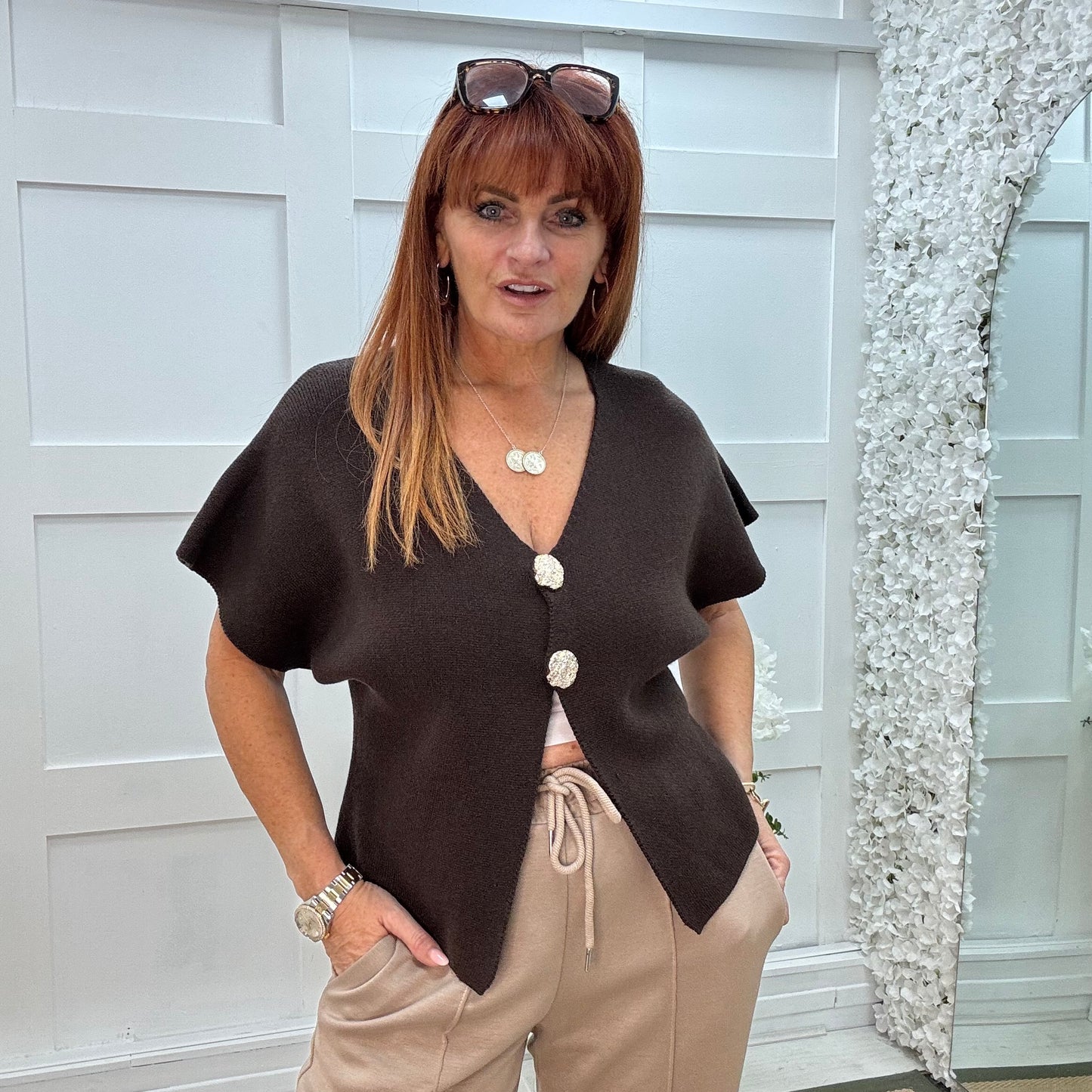 Sammi: Brown V neck gold button top. One size: 10-16