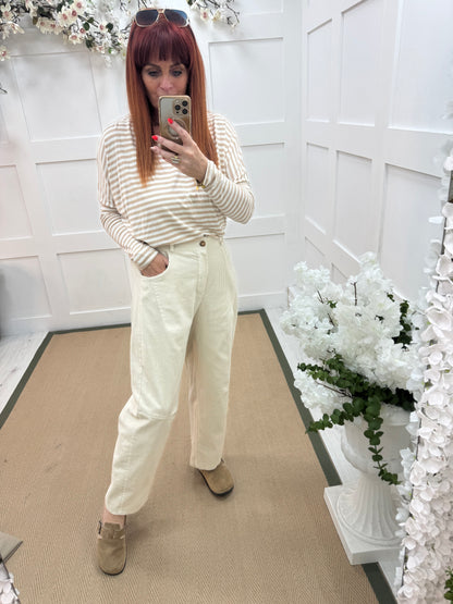 Zarah: Cream corduroy high waist trousers. One size: 12-16