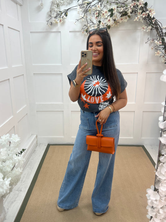 Gracie: Grey & orange moon T shirt. One size: 10-14