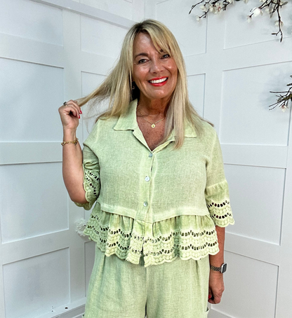 Mitzi: Apple green hop sack Broderie Anglaise top . One size: 12-18/20