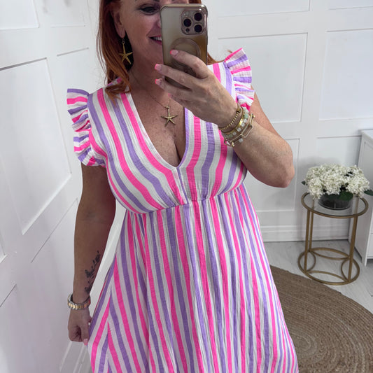 Roman: Lilac & pink stripe midi dress. One size: 12-18