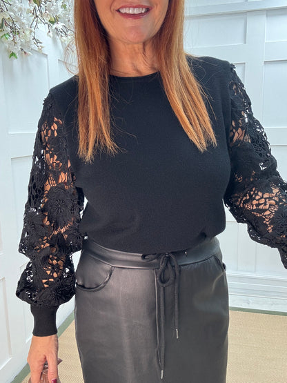 Gemma: Black crochet balloon sleeve top. One size 12-16