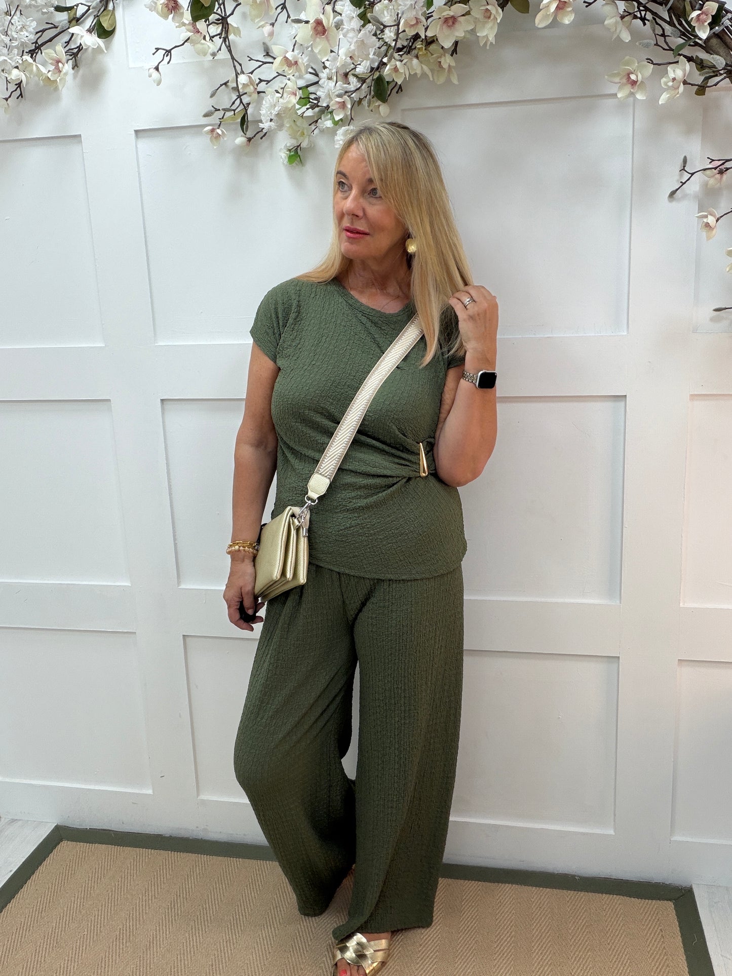 Sunnie: Textured gold buckle detail top & trouser co-ord set. One Sz: 12-16. 5 colours