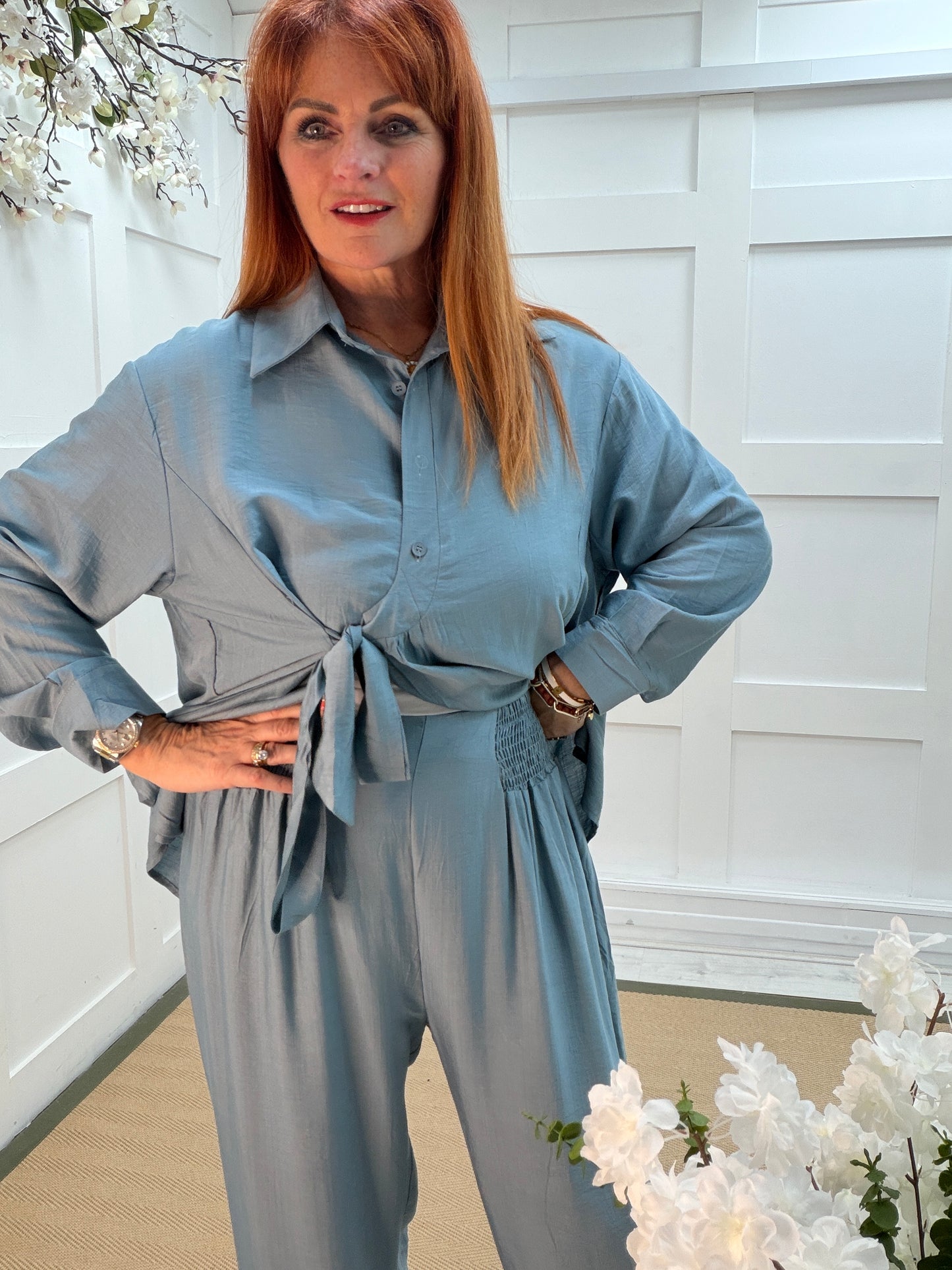 Claudia: Side tie shirt & wide leg trouser set. One size: 10-18. 3 colours