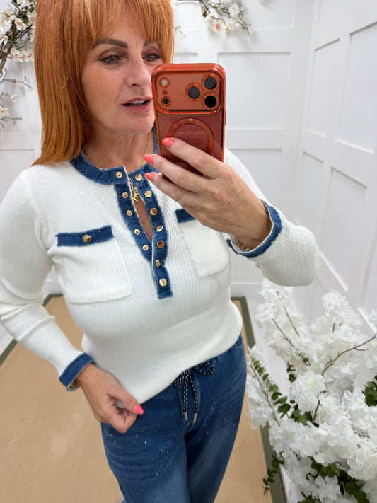 Darla: Denim outline gold button fine knit top. 2 sizes. 2 colours