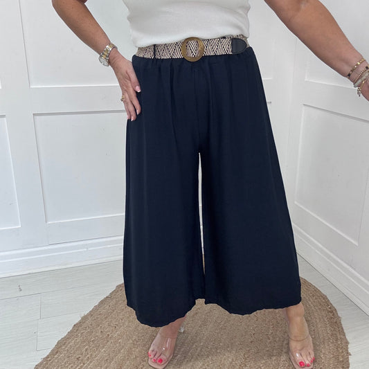 Jessica: Navy belted 3/4 palazzo trousers. One size: 8-14