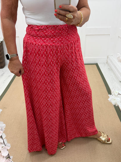 Tamara: Wide leg patterned trousers. One size: 10-16. 3 colours