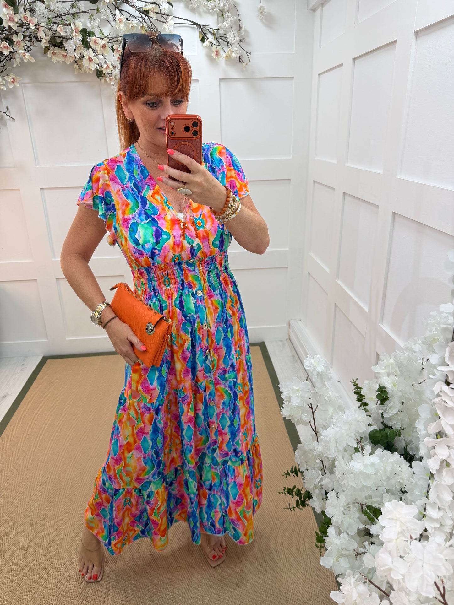 Robyn: Multicoloured V neck stretchy magic maxi dress. One size: 10-18