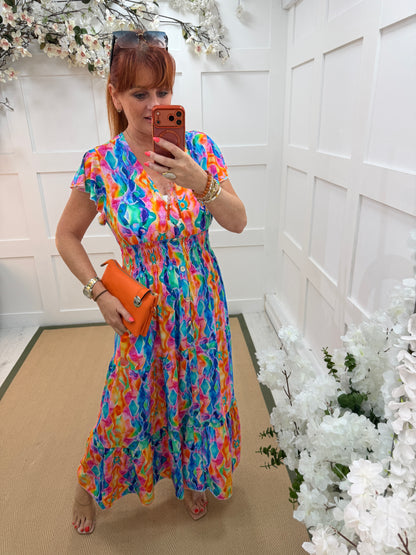 Robyn: Multicoloured V neck stretchy magic maxi dress. One size: 10-18