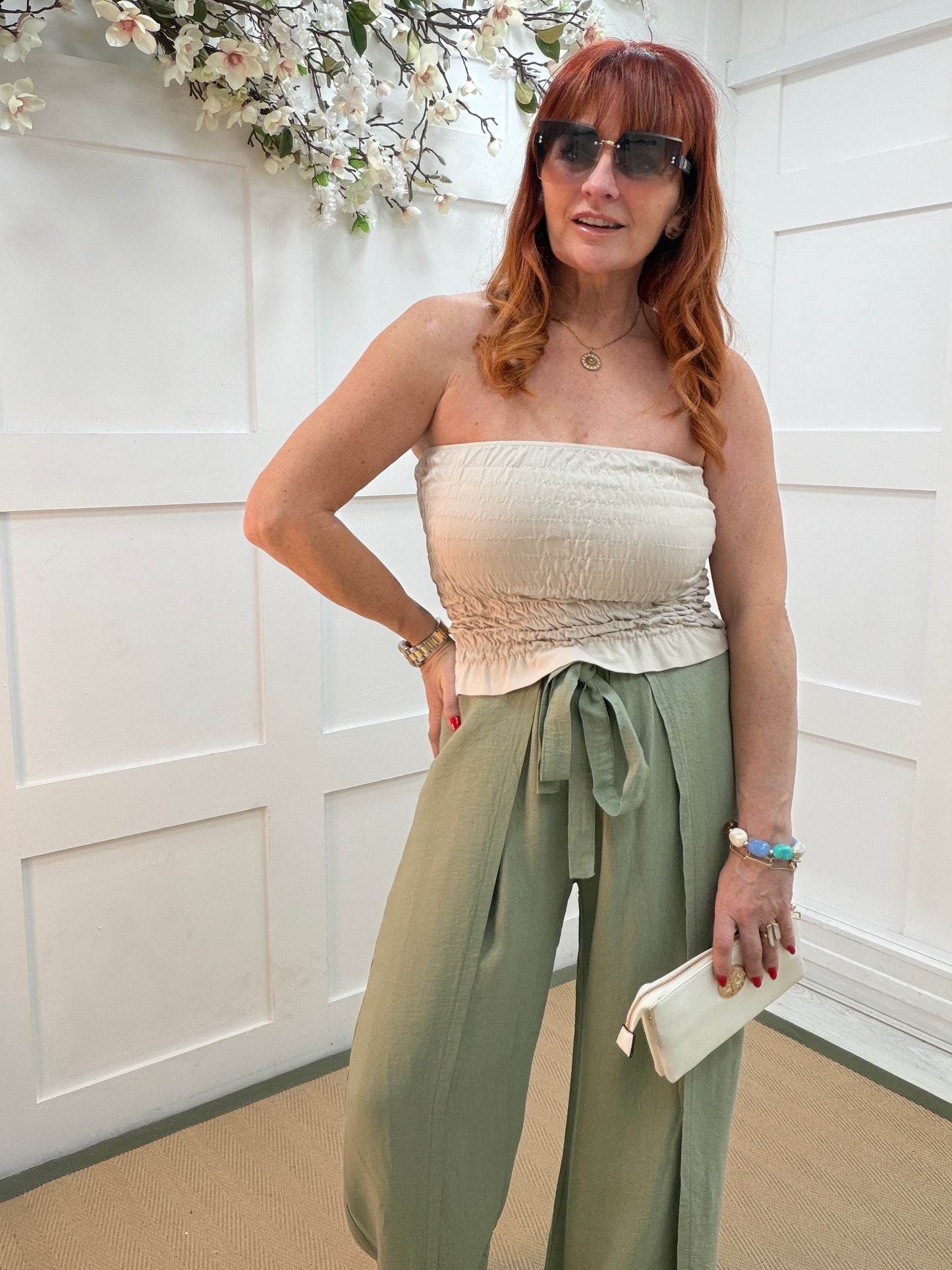 Eden: Khaki tie waist wide leg trousers. One size: 10-16