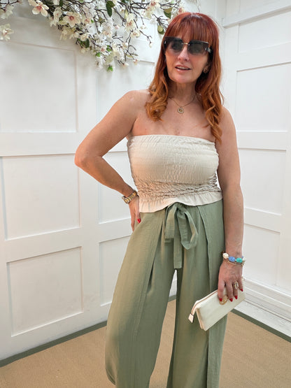 Eden: Khaki tie waist wide leg trousers. One size: 10-16