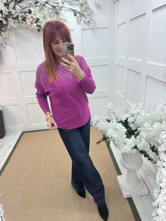 Arabella: Fuchsia diamanté long sleeve top. One size: 12-16